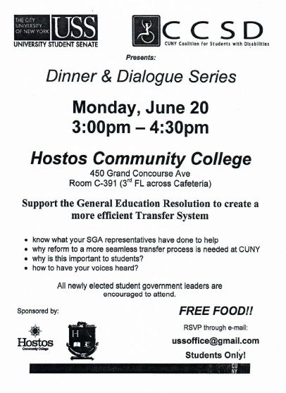 Flier inviting students to dinner before June 20, 2011 Board of Trustees public hearing at Hostos Community College